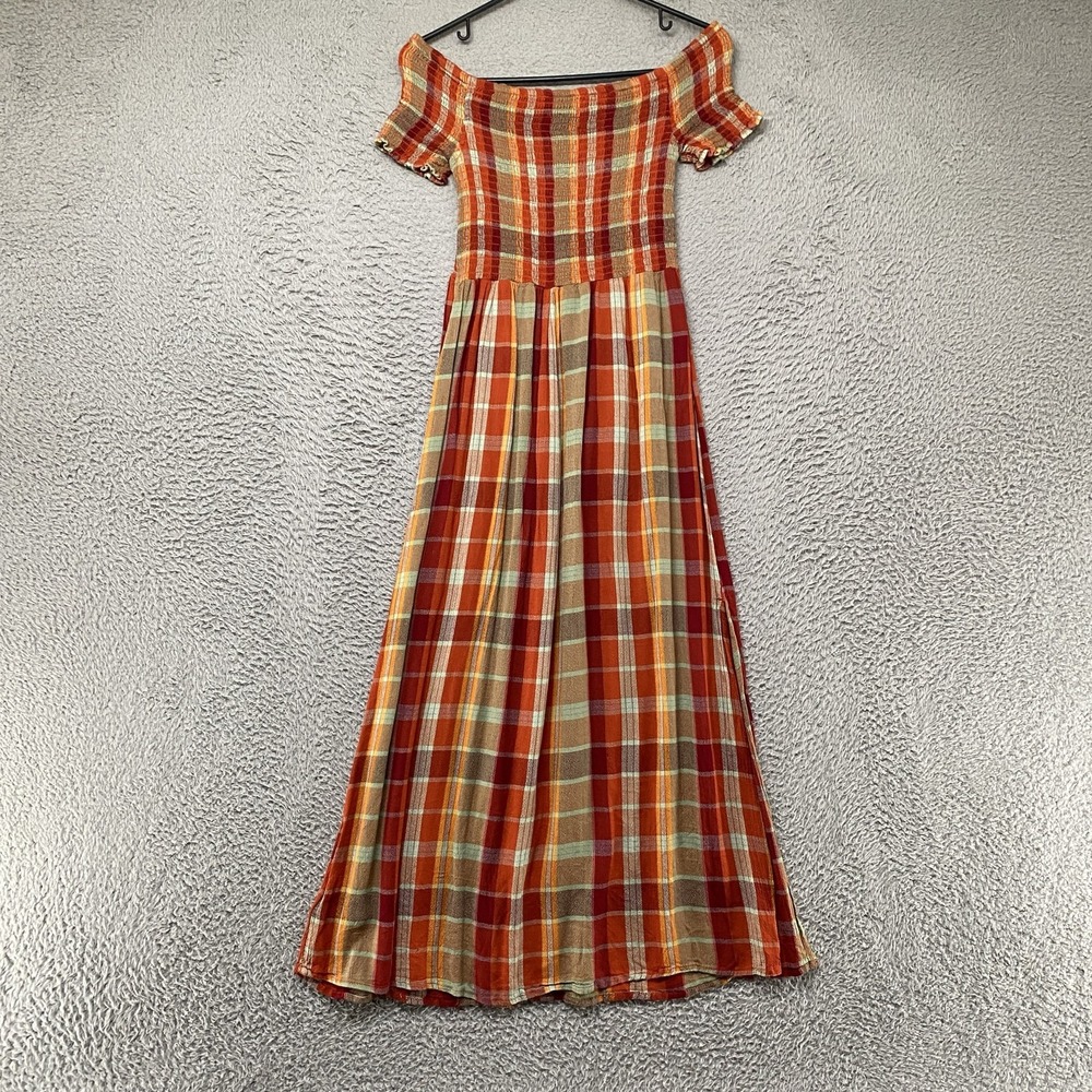 Urban Outfitters Midi Dress Womens Medium Orange Plaid Off Shoulder Smocked - Picture 13 of 15